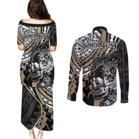 personalised-polynesia-skull-couples-matching-puletasi-dress-and-long-sleeve-button-shirts-tattoo-in-the-style-of-maori-with-marine-life-gold