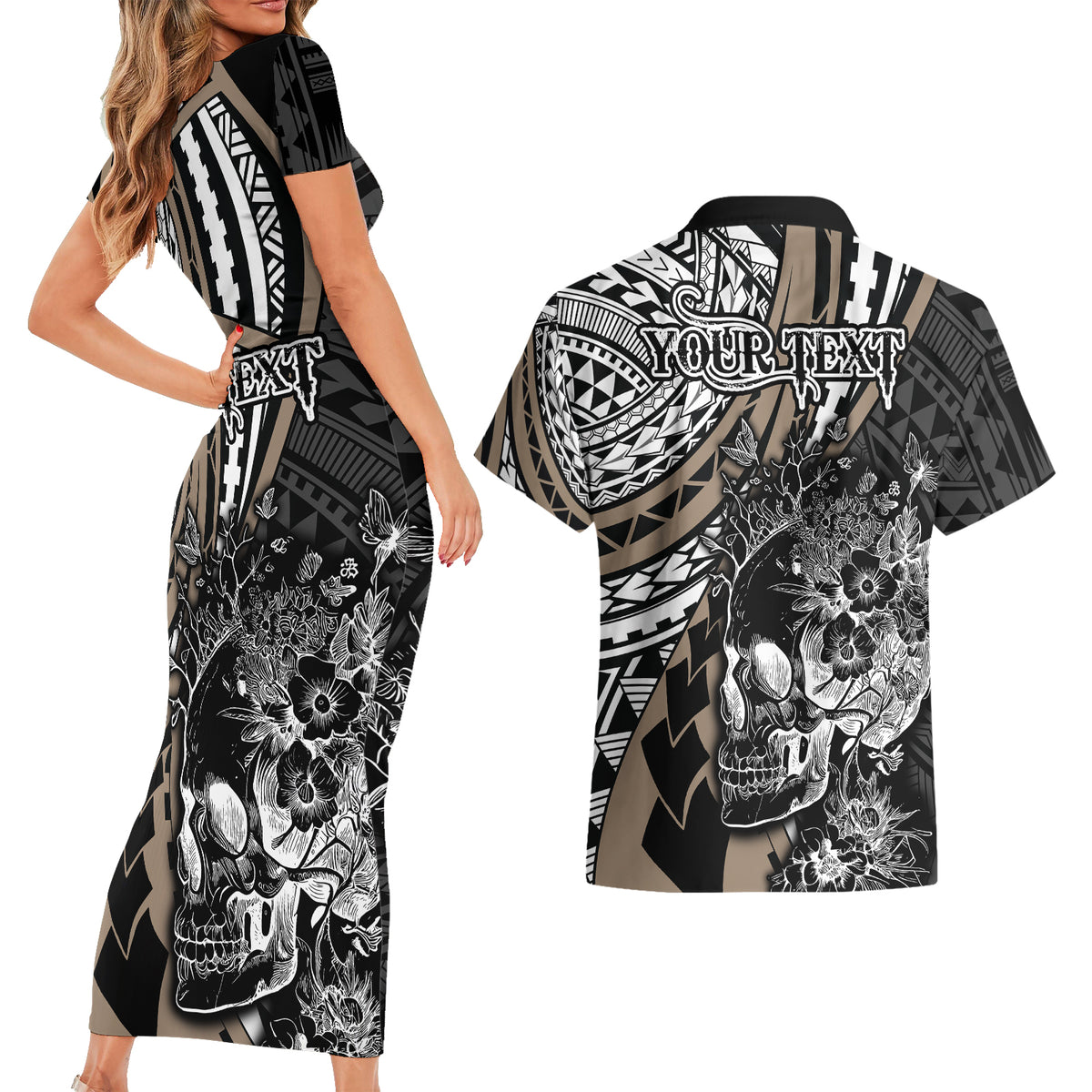 personalised-polynesia-skull-couples-matching-short-sleeve-bodycon-dress-and-hawaiian-shirt-tattoo-in-the-style-of-maori-with-marine-life-gold