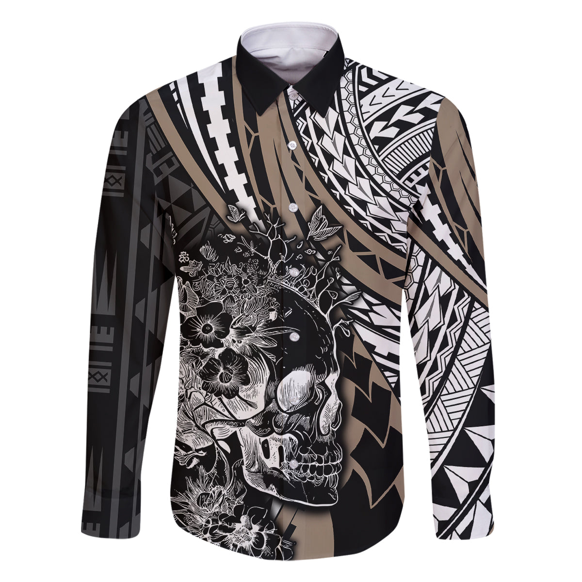 personalised-polynesia-skull-family-matching-long-sleeve-bodycon-dress-and-hawaiian-shirt-tattoo-in-the-style-of-maori-with-marine-life-gold
