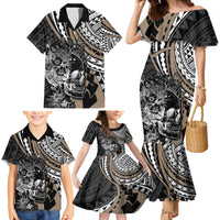 Personalised Polynesia Skull Family Matching Mermaid Dress and Hawaiian Shirt Tattoo In The Style Of Maori With Marine Life Gold LT9 - Polynesian Pride