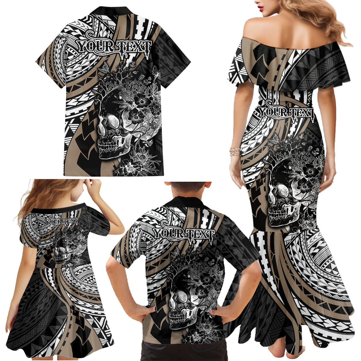Personalised Polynesia Skull Family Matching Mermaid Dress and Hawaiian Shirt Tattoo In The Style Of Maori With Marine Life Gold LT9 - Polynesian Pride