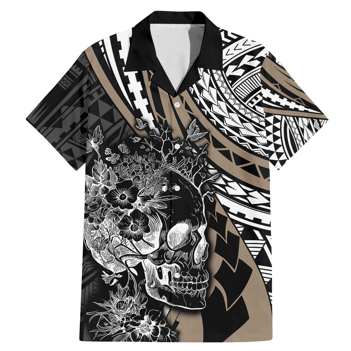 Personalised Polynesia Skull Family Matching Mermaid Dress and Hawaiian Shirt Tattoo In The Style Of Maori With Marine Life Gold LT9 Dad's Shirt - Short Sleeve Gold - Polynesian Pride
