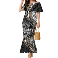 Personalised Polynesia Skull Family Matching Mermaid Dress and Hawaiian Shirt Tattoo In The Style Of Maori With Marine Life Gold LT9 Mom's Dress Gold - Polynesian Pride