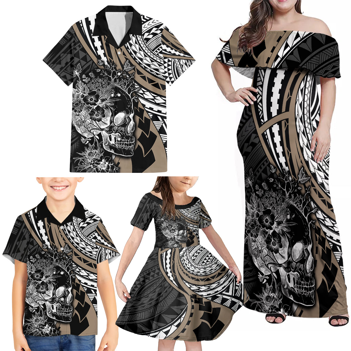 Personalised Polynesia Skull Family Matching Off Shoulder Maxi Dress and Hawaiian Shirt Tattoo In The Style Of Maori With Marine Life Gold LT9 - Polynesian Pride