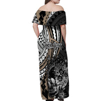 Personalised Polynesia Skull Family Matching Off Shoulder Maxi Dress and Hawaiian Shirt Tattoo In The Style Of Maori With Marine Life Gold LT9 - Polynesian Pride