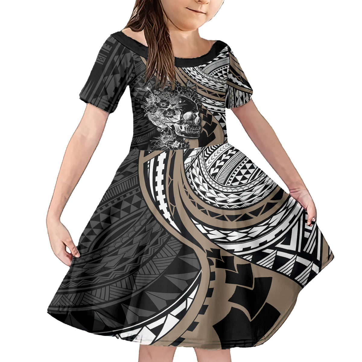 Personalised Polynesia Skull Family Matching Short Sleeve Bodycon Dress and Hawaiian Shirt Tattoo In The Style Of Maori With Marine Life Gold LT9 Daughter's Dress Gold - Polynesian Pride