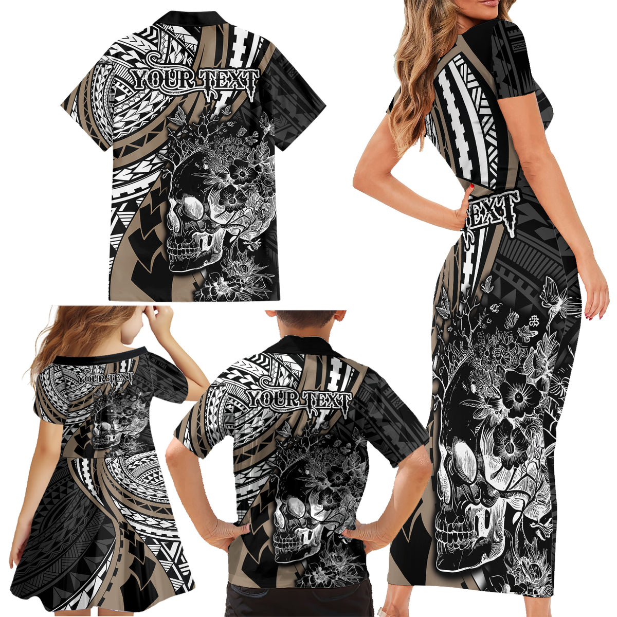 Personalised Polynesia Skull Family Matching Short Sleeve Bodycon Dress and Hawaiian Shirt Tattoo In The Style Of Maori With Marine Life Gold LT9 - Polynesian Pride