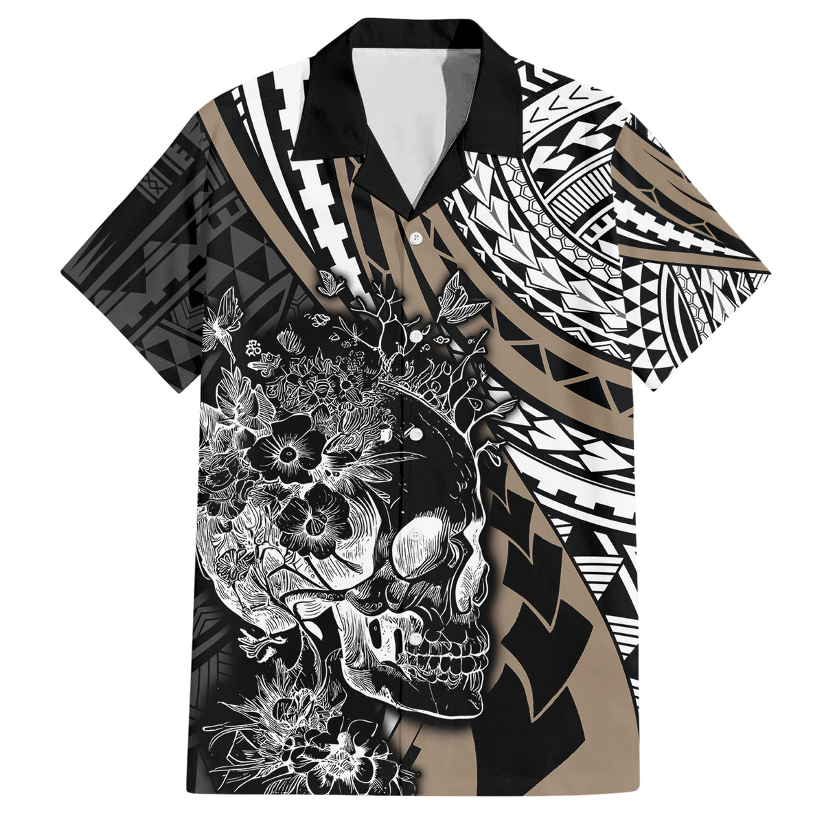Personalised Polynesia Skull Family Matching Short Sleeve Bodycon Dress and Hawaiian Shirt Tattoo In The Style Of Maori With Marine Life Gold LT9 Dad's Shirt - Short Sleeve Gold - Polynesian Pride
