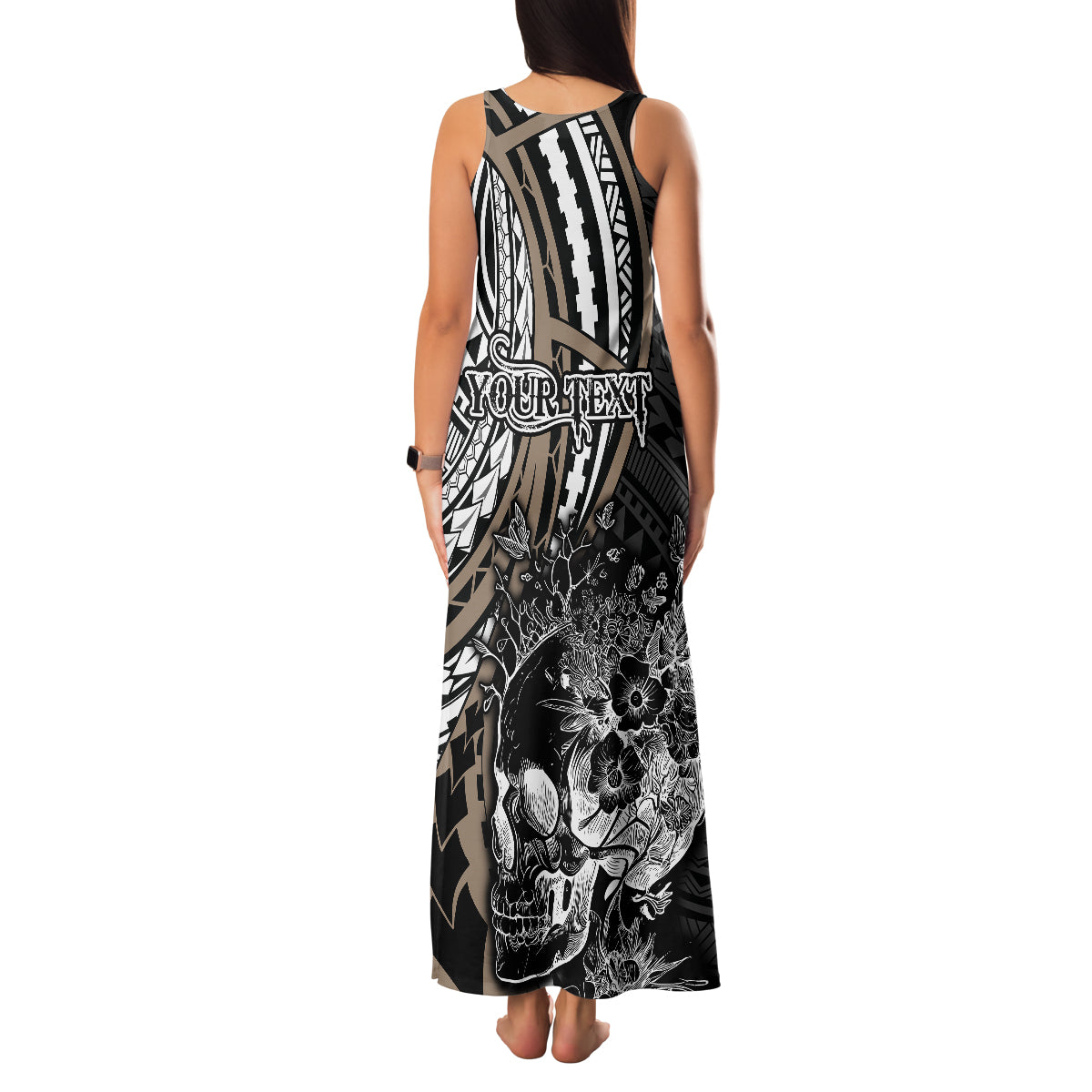 Personalised Polynesia Skull Family Matching Tank Maxi Dress and Hawaiian Shirt Tattoo In The Style Of Maori With Marine Life Gold LT9 - Polynesian Pride