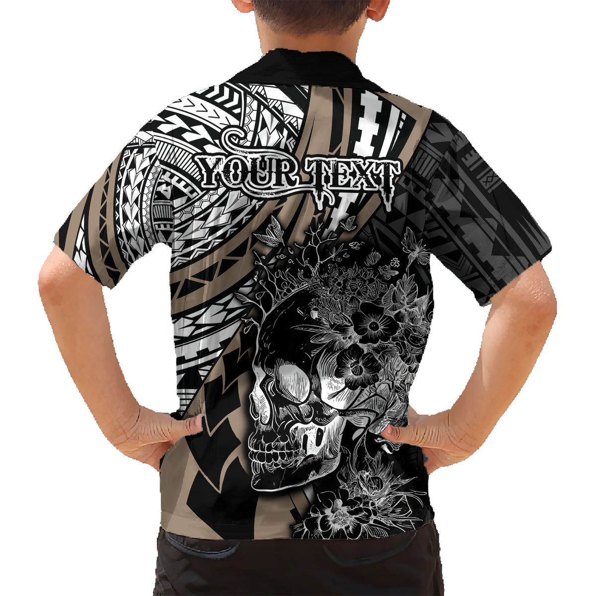 Personalised Polynesia Skull Kid Hawaiian Shirt Tattoo In The Style Of Maori With Marine Life Gold LT9 - Polynesian Pride