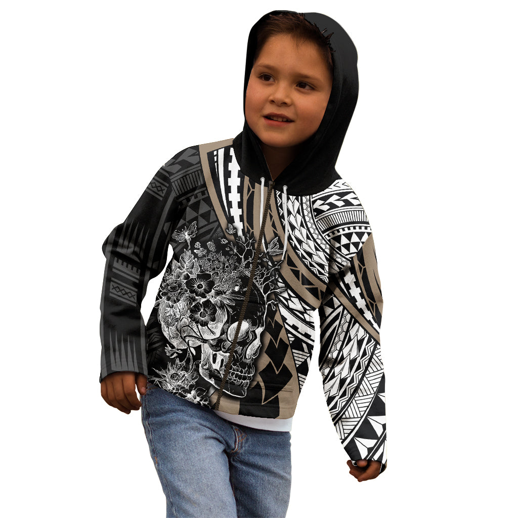 Personalised Polynesia Skull Kid Hoodie Tattoo In The Style Of Maori With Marine Life Gold LT9 - Polynesian Pride