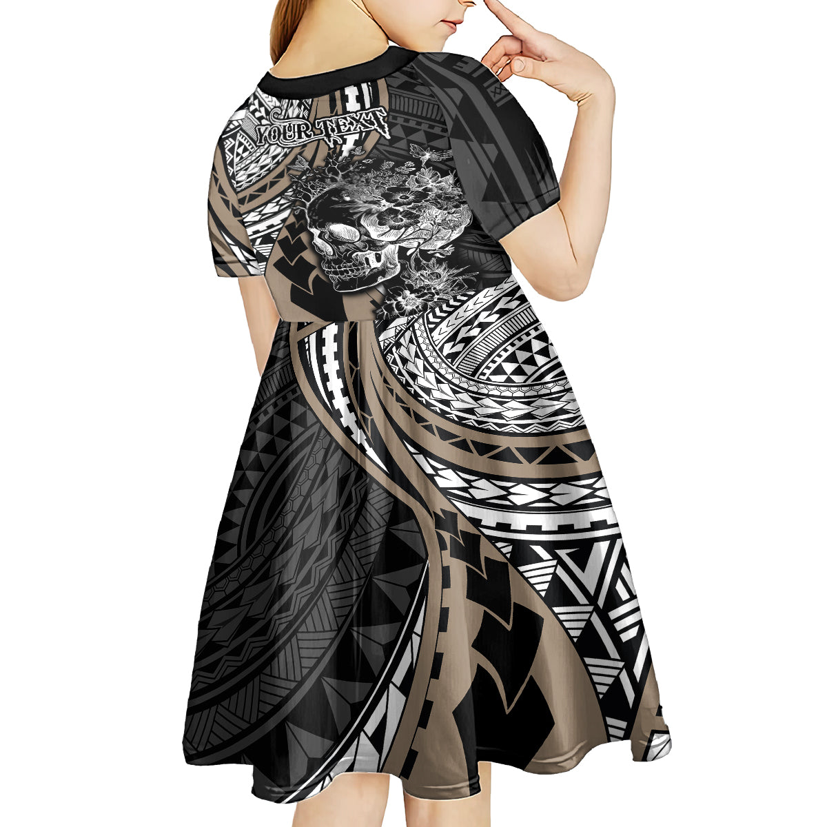 Personalised Polynesia Skull Kid Short Sleeve Dress Tattoo In The Style Of Maori With Marine Life Gold LT9 - Polynesian Pride