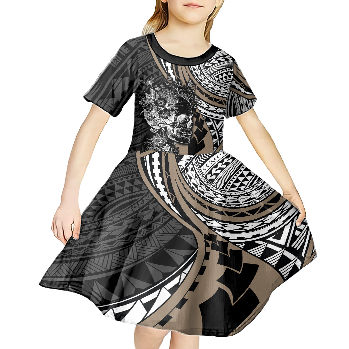 Personalised Polynesia Skull Kid Short Sleeve Dress Tattoo In The Style Of Maori With Marine Life Gold LT9 - Polynesian Pride