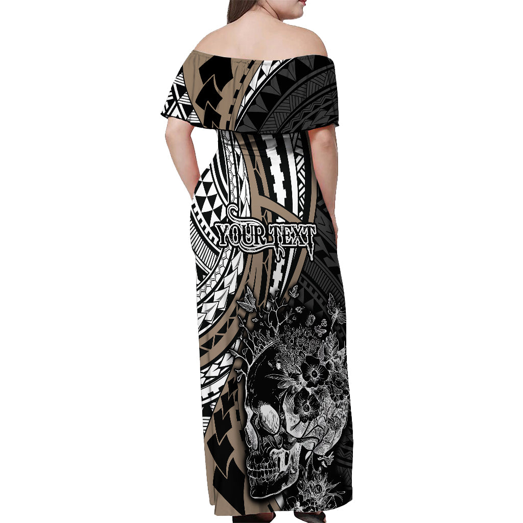 Personalised Polynesia Skull Off Shoulder Maxi Dress Tattoo In The Style Of Maori With Marine Life Gold LT9 - Polynesian Pride