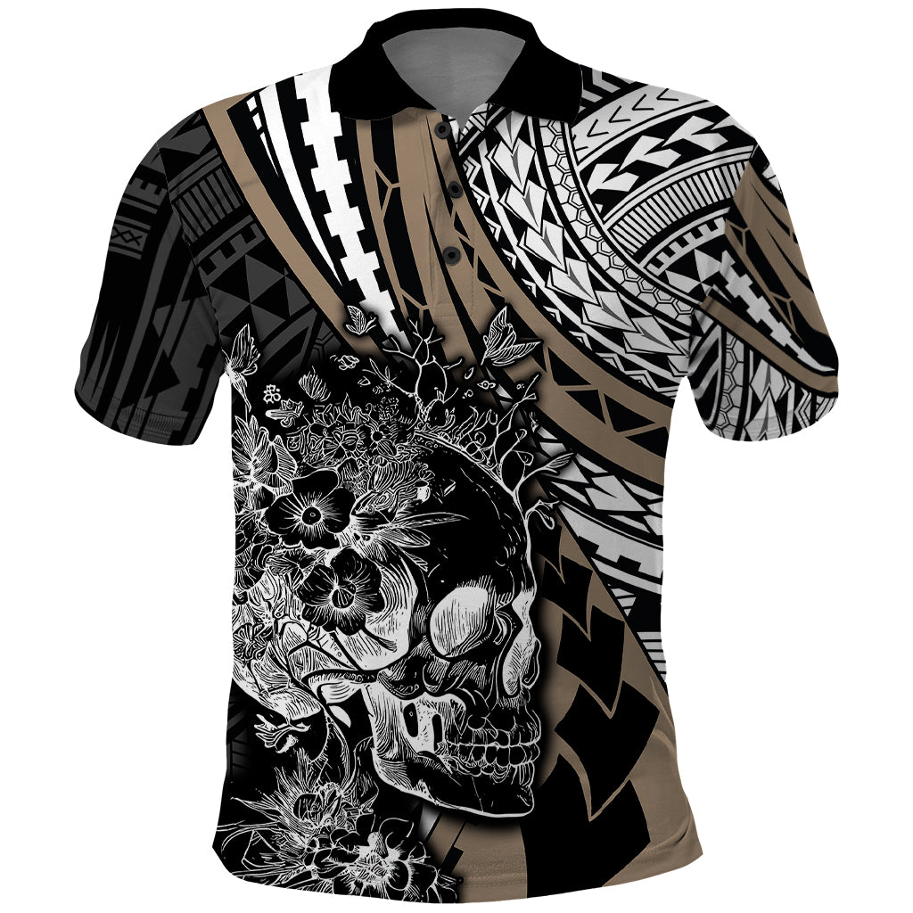 Personalised Polynesia Skull Polo Shirt Tattoo In The Style Of Maori With Marine Life Gold LT9 Gold - Polynesian Pride