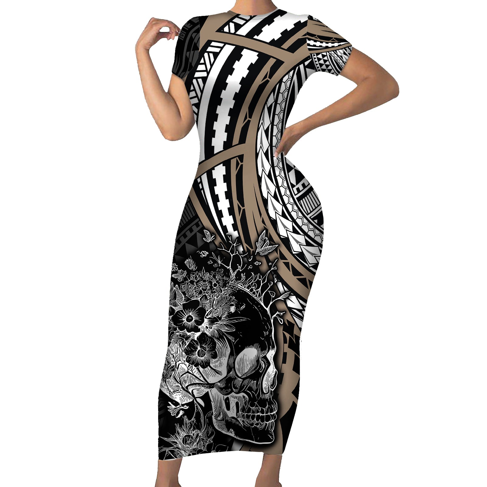 personalised-polynesia-skull-short-sleeve-bodycon-dress-tattoo-in-the-style-of-maori-with-marine-life-gold