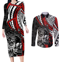 personalised-polynesia-skull-couples-matching-long-sleeve-bodycon-dress-and-long-sleeve-button-shirts-tattoo-in-the-style-of-maori-with-marine-life-red
