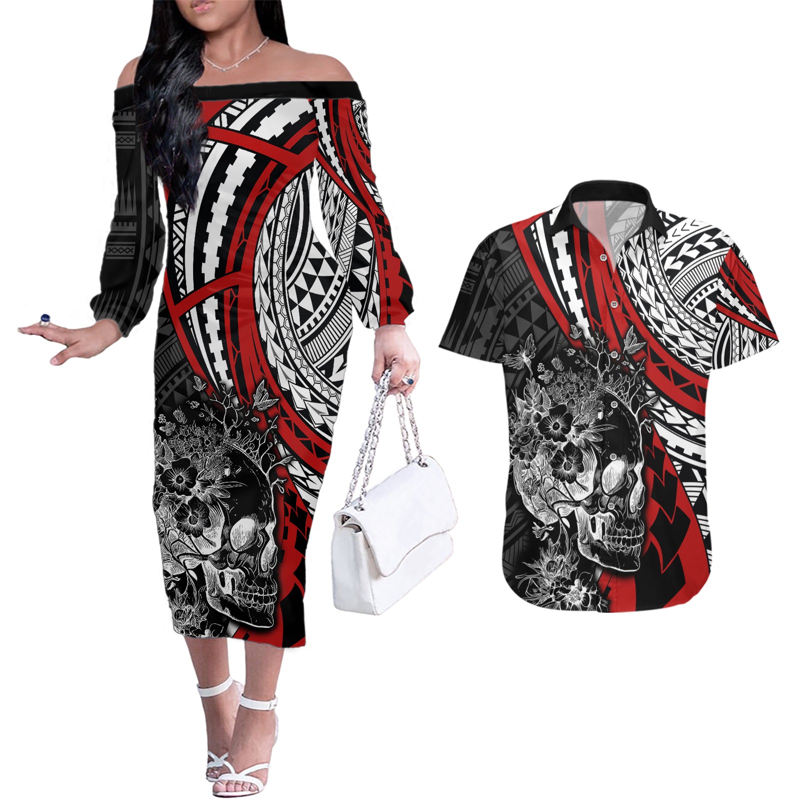 personalised-polynesia-skull-couples-matching-off-the-shoulder-long-sleeve-dress-and-hawaiian-shirt-tattoo-in-the-style-of-maori-with-marine-life-red