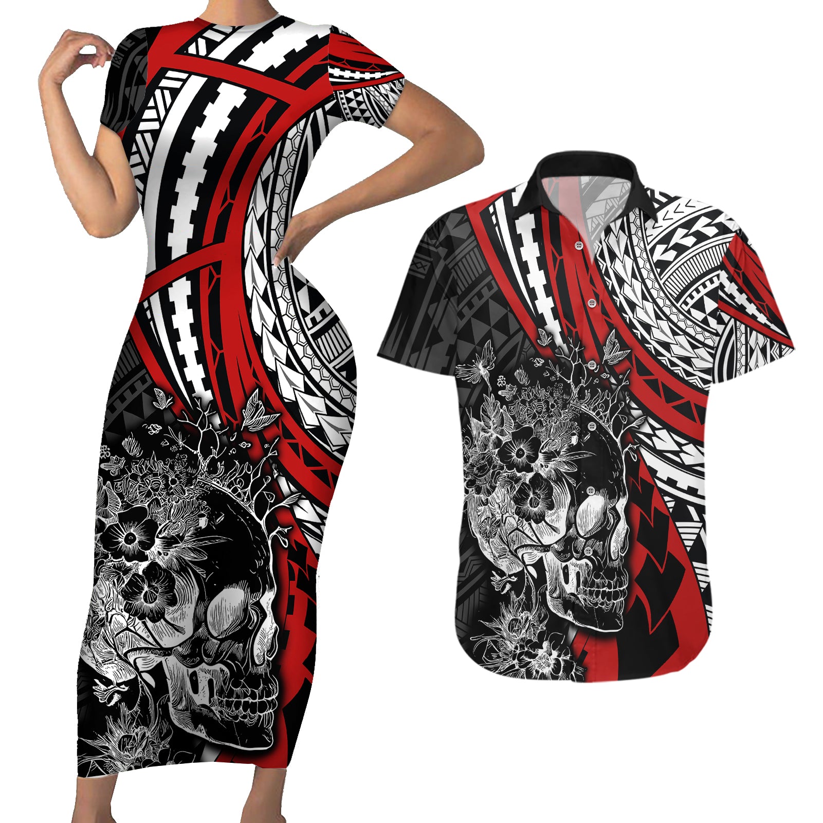 personalised-polynesia-skull-couples-matching-short-sleeve-bodycon-dress-and-hawaiian-shirt-tattoo-in-the-style-of-maori-with-marine-life-red