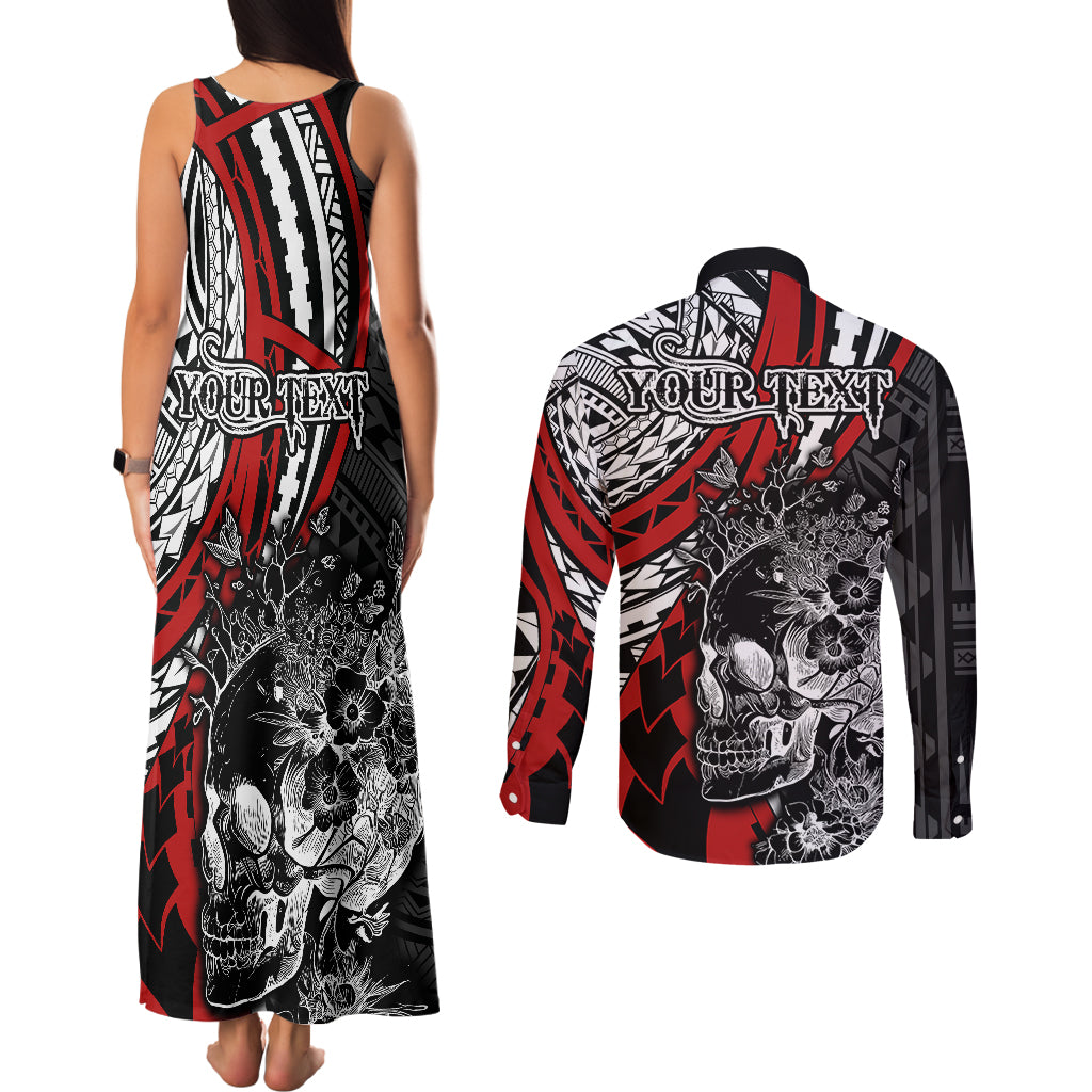 personalised-polynesia-skull-couples-matching-tank-maxi-dress-and-long-sleeve-button-shirts-tattoo-in-the-style-of-maori-with-marine-life-red