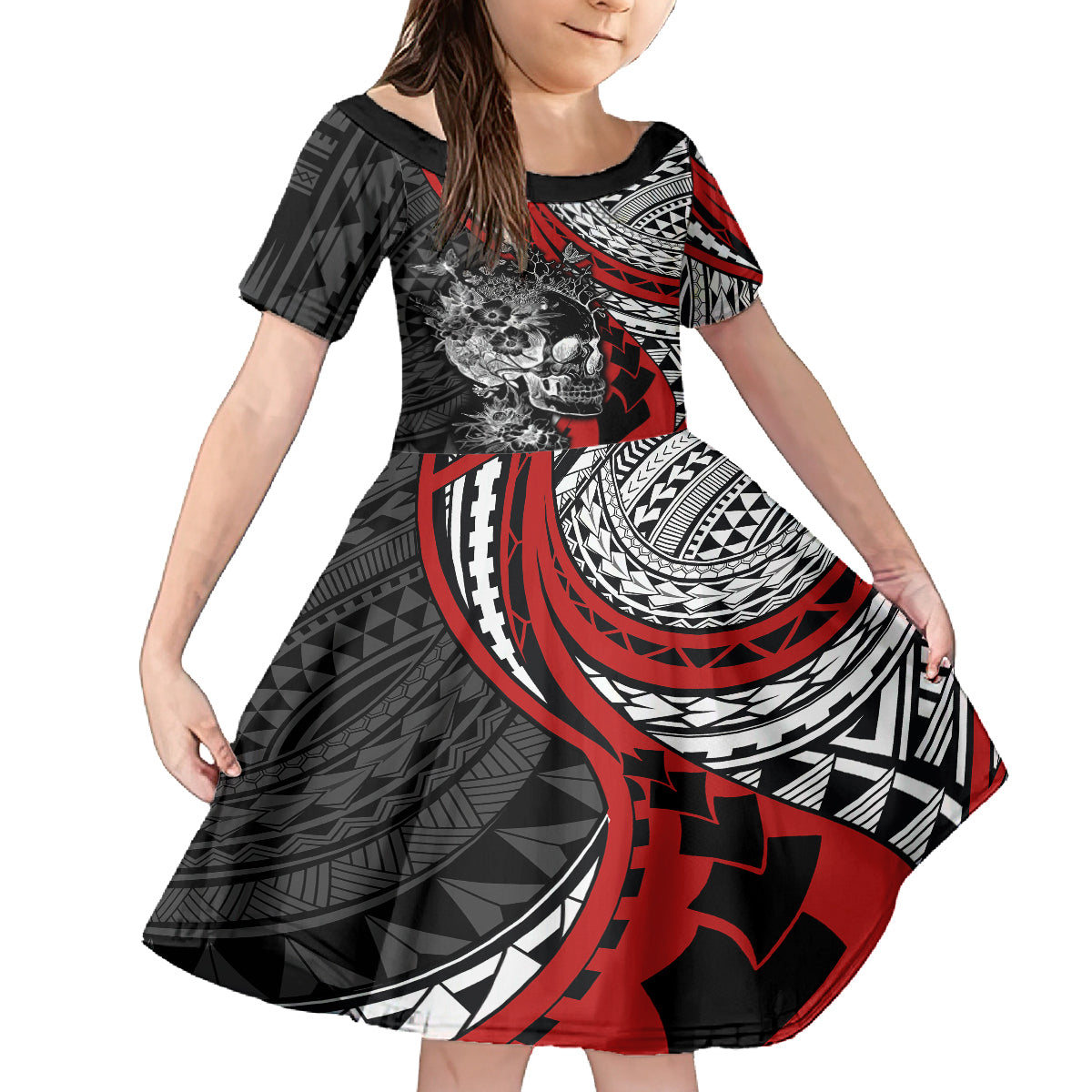 personalised-polynesia-skull-family-matching-long-sleeve-bodycon-dress-and-hawaiian-shirt-tattoo-in-the-style-of-maori-with-marine-life-red