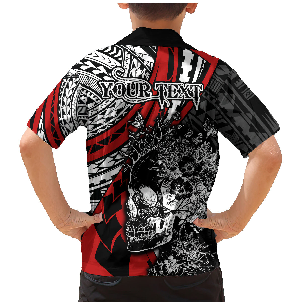 Personalised Polynesia Skull Family Matching Mermaid Dress and Hawaiian Shirt Tattoo In The Style Of Maori With Marine Life Red LT9 - Polynesian Pride