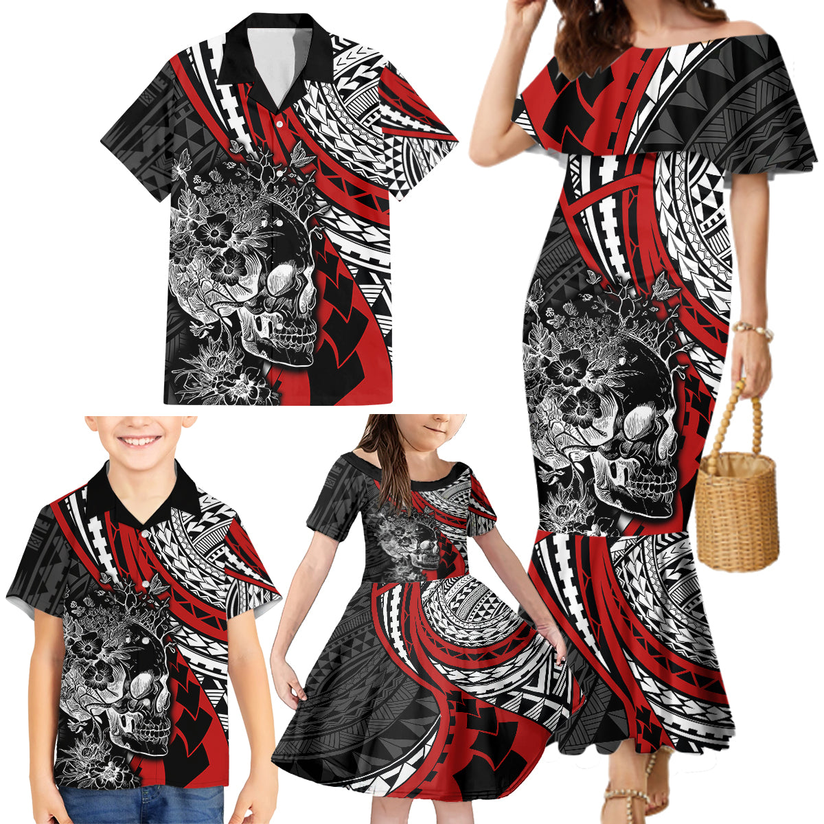 Personalised Polynesia Skull Family Matching Mermaid Dress and Hawaiian Shirt Tattoo In The Style Of Maori With Marine Life Red LT9 - Polynesian Pride