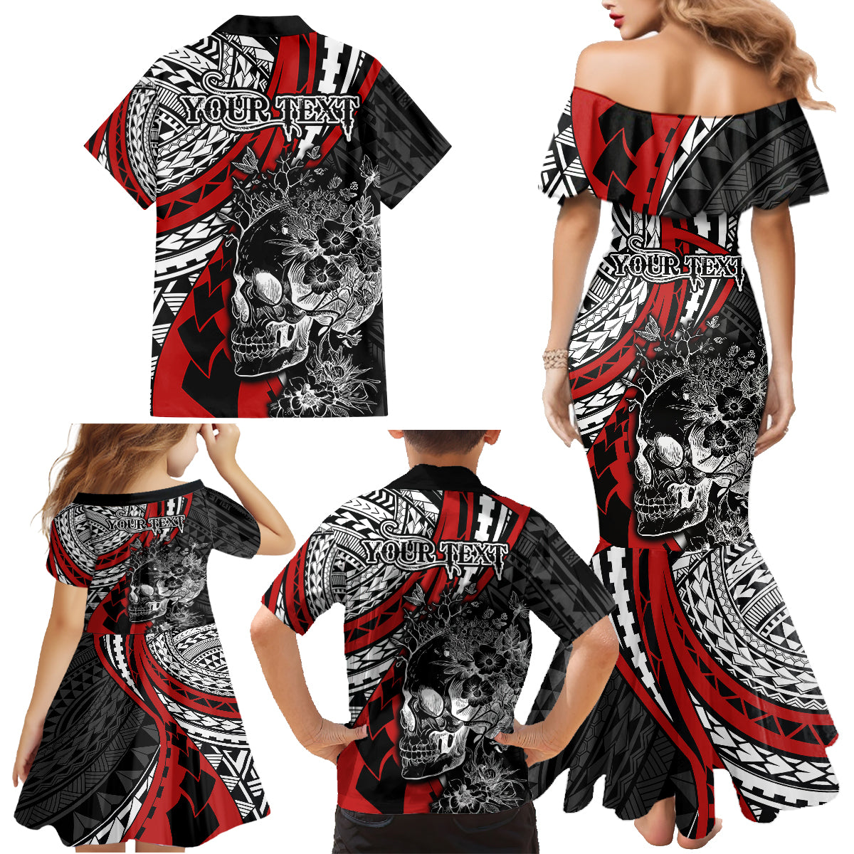 Personalised Polynesia Skull Family Matching Mermaid Dress and Hawaiian Shirt Tattoo In The Style Of Maori With Marine Life Red LT9 - Polynesian Pride