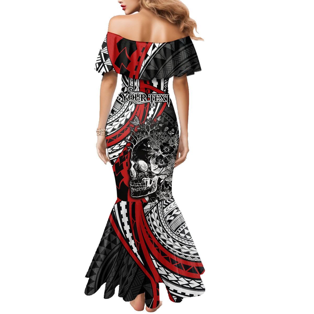 Personalised Polynesia Skull Family Matching Mermaid Dress and Hawaiian Shirt Tattoo In The Style Of Maori With Marine Life Red LT9 - Polynesian Pride