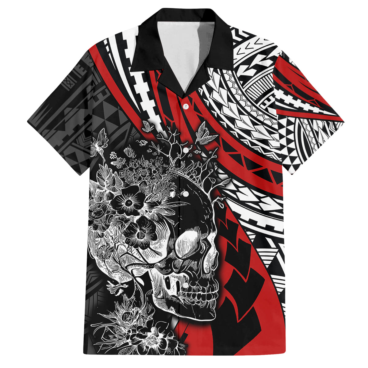 personalised-polynesia-skull-family-matching-off-shoulder-long-sleeve-dress-and-hawaiian-shirt-tattoo-in-the-style-of-maori-with-marine-life-red