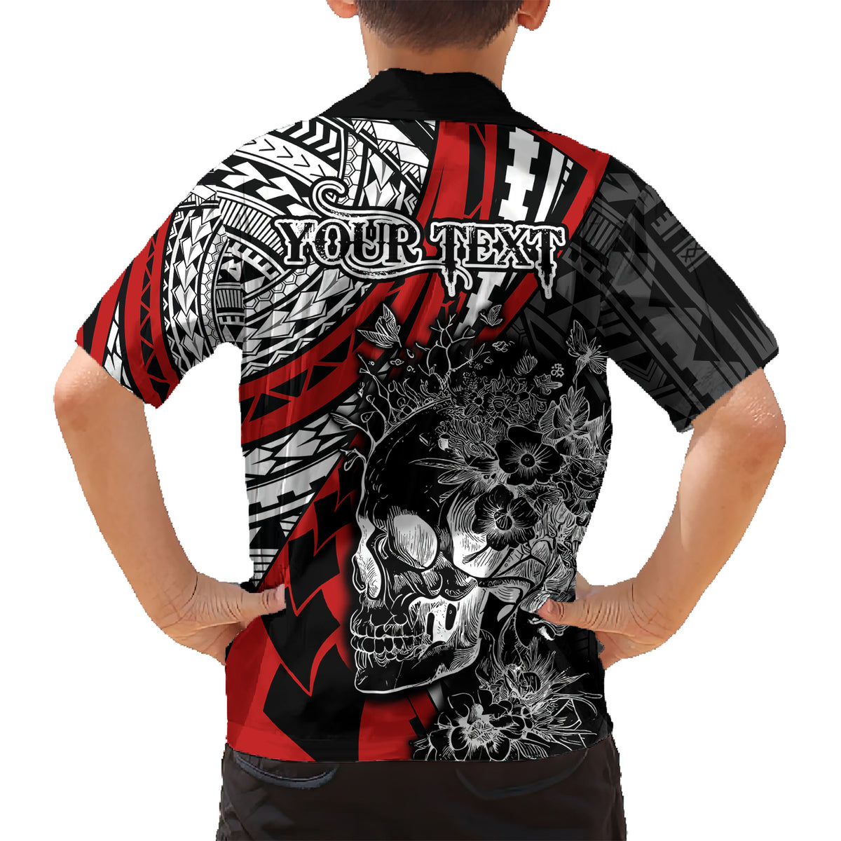 Personalised Polynesia Skull Family Matching Short Sleeve Bodycon Dress and Hawaiian Shirt Tattoo In The Style Of Maori With Marine Life Red LT9 - Polynesian Pride