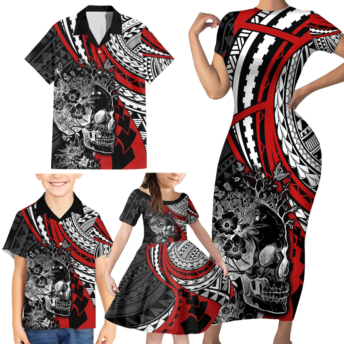 Personalised Polynesia Skull Family Matching Short Sleeve Bodycon Dress and Hawaiian Shirt Tattoo In The Style Of Maori With Marine Life Red LT9 - Polynesian Pride