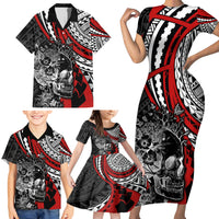 Personalised Polynesia Skull Family Matching Short Sleeve Bodycon Dress and Hawaiian Shirt Tattoo In The Style Of Maori With Marine Life Red LT9 - Polynesian Pride
