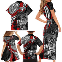 Personalised Polynesia Skull Family Matching Short Sleeve Bodycon Dress and Hawaiian Shirt Tattoo In The Style Of Maori With Marine Life Red LT9 - Polynesian Pride