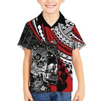 Personalised Polynesia Skull Family Matching Short Sleeve Bodycon Dress and Hawaiian Shirt Tattoo In The Style Of Maori With Marine Life Red LT9 Son's Shirt Red - Polynesian Pride