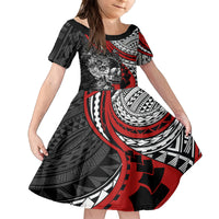Personalised Polynesia Skull Family Matching Tank Maxi Dress and Hawaiian Shirt Tattoo In The Style Of Maori With Marine Life Red LT9 Daughter's Dress Red - Polynesian Pride