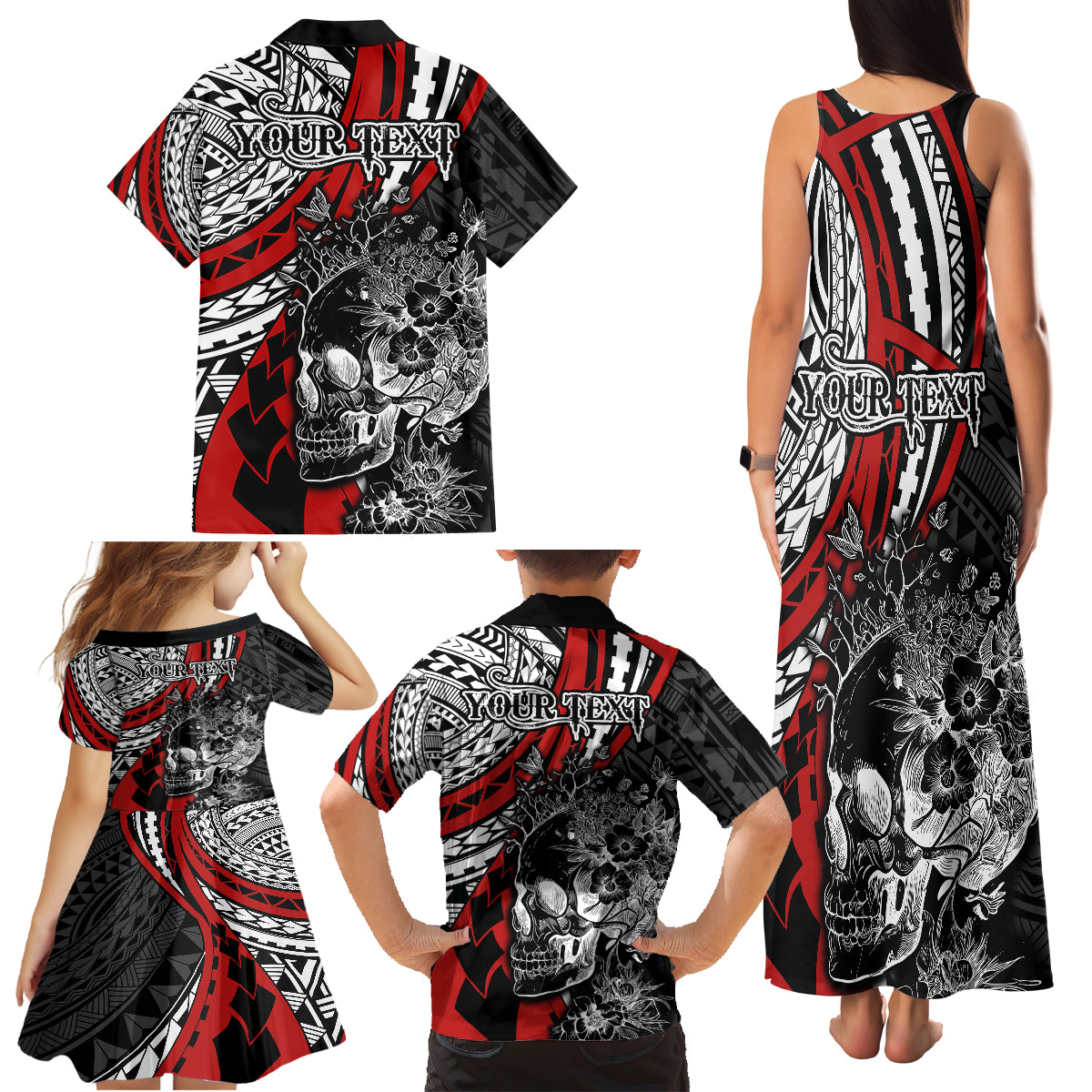 Personalised Polynesia Skull Family Matching Tank Maxi Dress and Hawaiian Shirt Tattoo In The Style Of Maori With Marine Life Red LT9 - Polynesian Pride