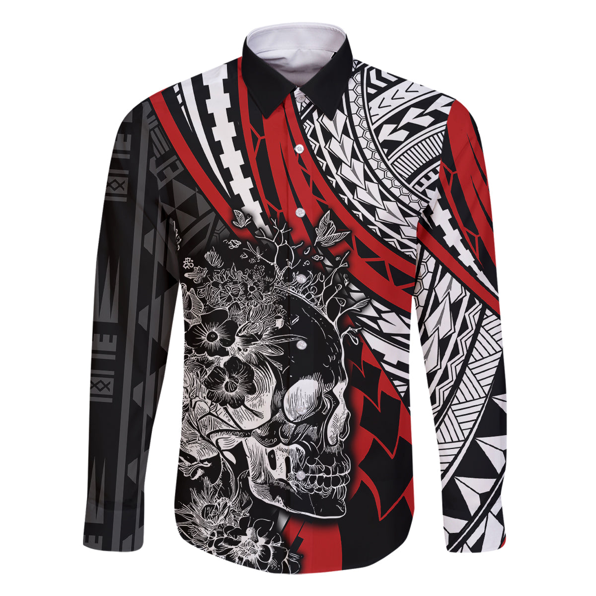 Personalised Polynesia Skull Family Matching Tank Maxi Dress and Hawaiian Shirt Tattoo In The Style Of Maori With Marine Life Red LT9 Dad's Shirt - Long Sleeve Red - Polynesian Pride