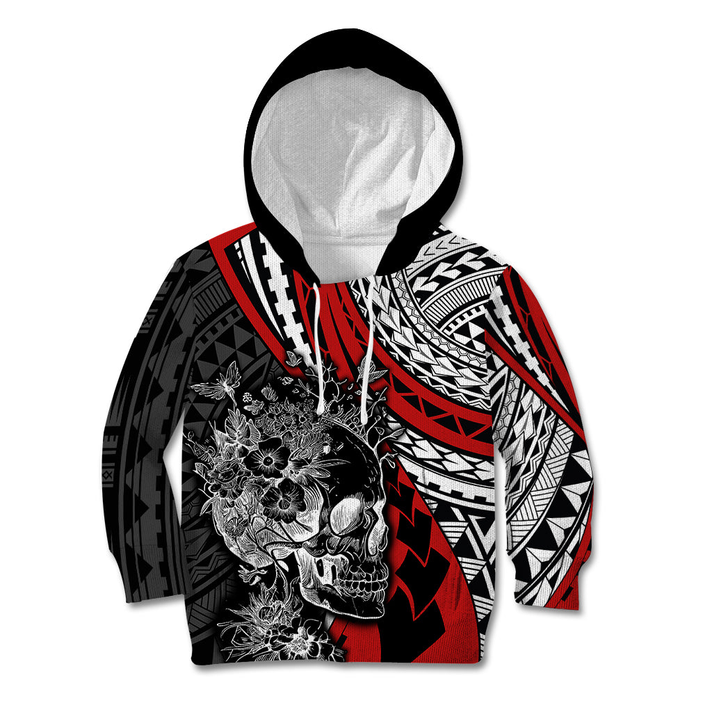 Personalised Polynesia Skull Kid Hoodie Tattoo In The Style Of Maori With Marine Life Red LT9 Hoodie Red - Polynesian Pride