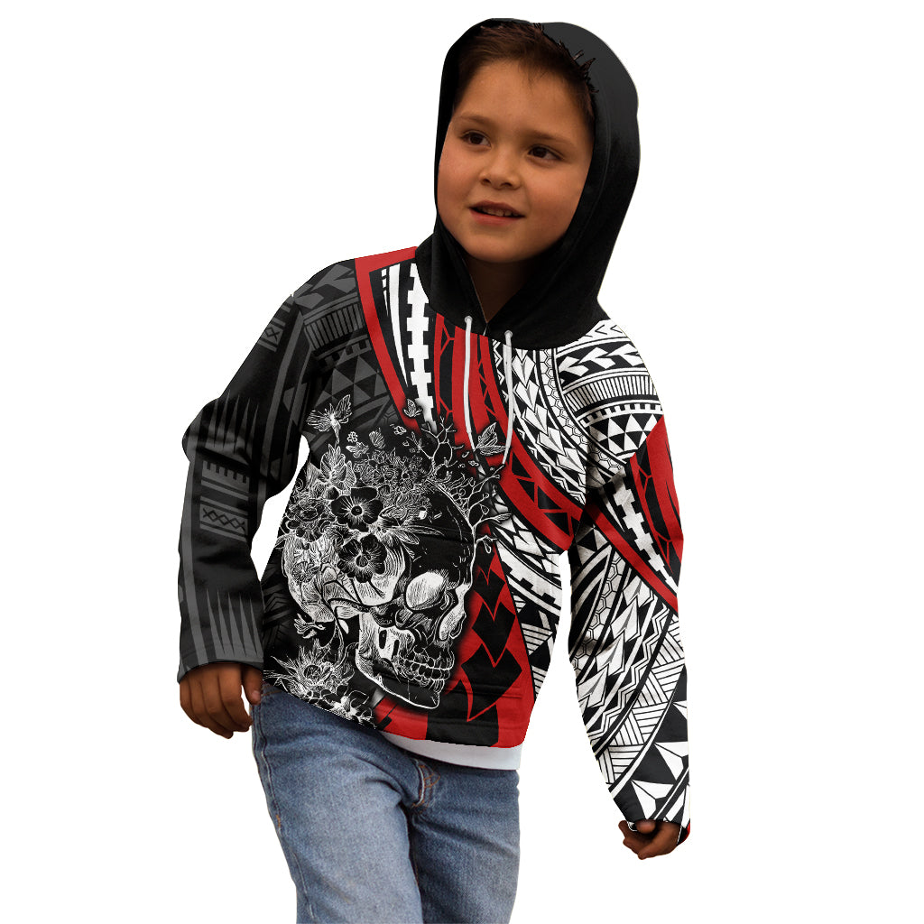 Personalised Polynesia Skull Kid Hoodie Tattoo In The Style Of Maori With Marine Life Red LT9 - Polynesian Pride