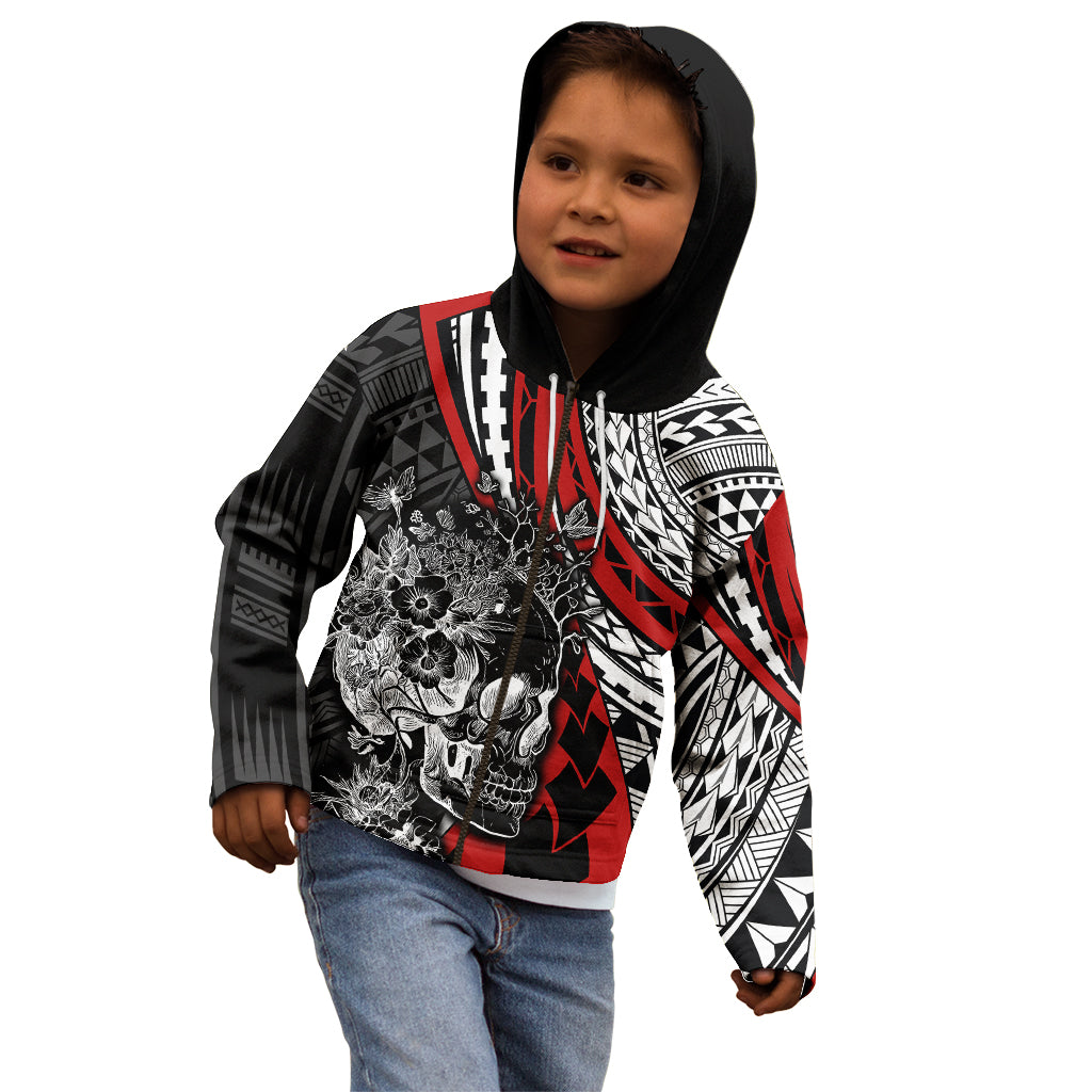 Personalised Polynesia Skull Kid Hoodie Tattoo In The Style Of Maori With Marine Life Red LT9 - Polynesian Pride