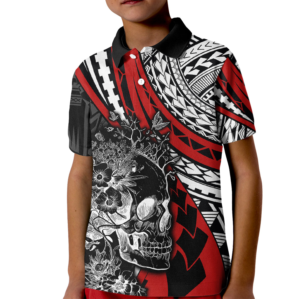 Personalised Polynesia Skull Kid Polo Shirt Tattoo In The Style Of Maori With Marine Life Red LT9 Kid Red - Polynesian Pride