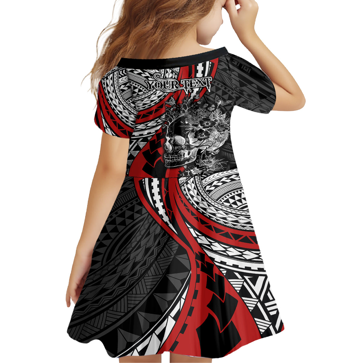 Personalised Polynesia Skull Kid Short Sleeve Dress Tattoo In The Style Of Maori With Marine Life Red LT9 - Polynesian Pride