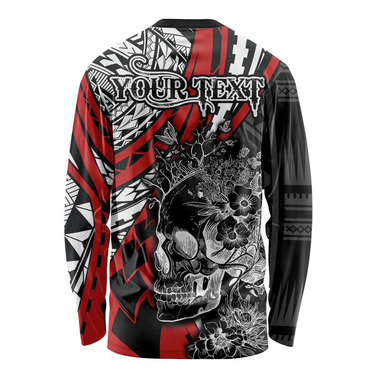 Personalised Polynesia Skull Long Sleeve Shirt Tattoo In The Style Of Maori With Marine Life Red LT9 - Polynesian Pride