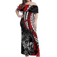 Personalised Polynesia Skull Off Shoulder Maxi Dress Tattoo In The Style Of Maori With Marine Life Red LT9 Women Red - Polynesian Pride