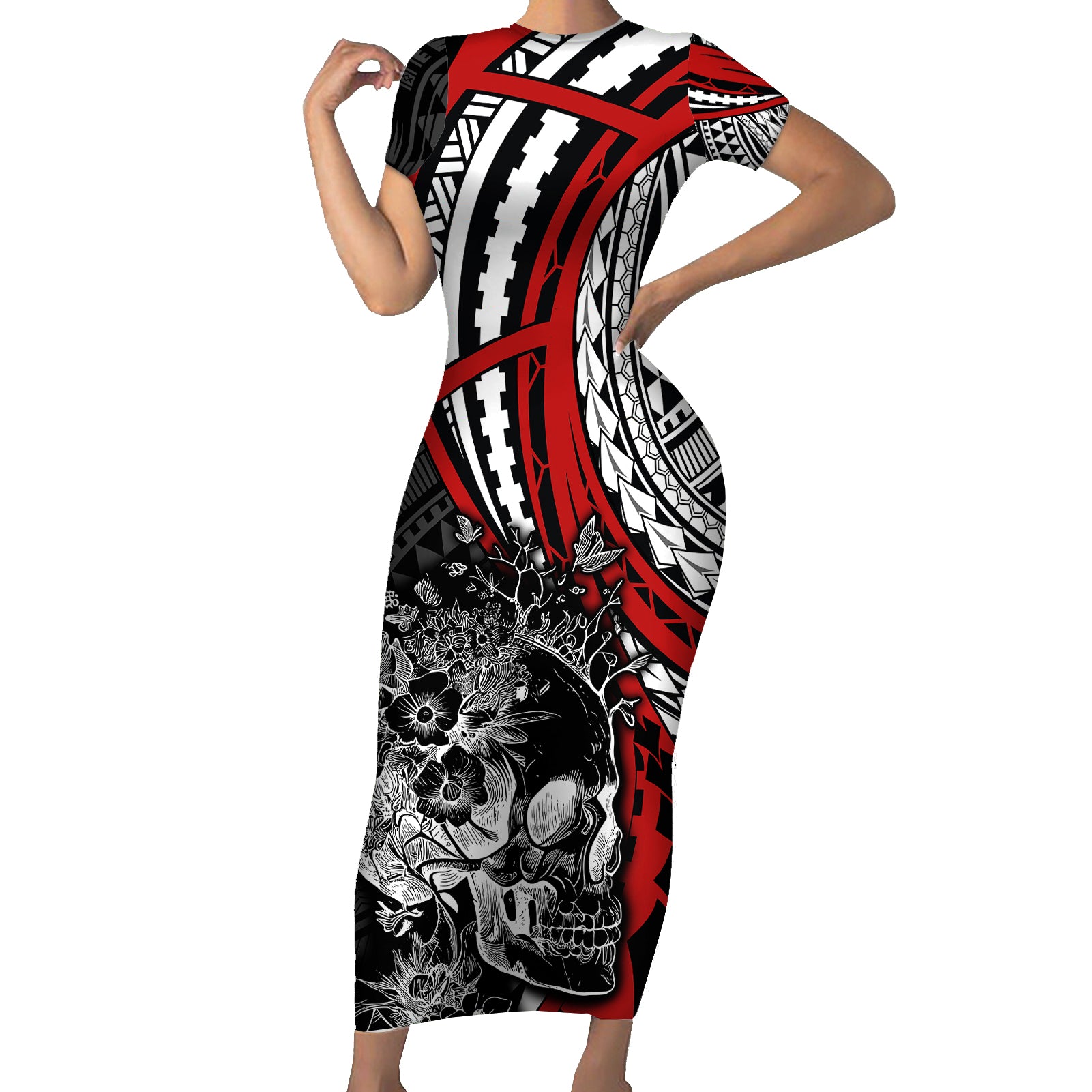 personalised-polynesia-skull-short-sleeve-bodycon-dress-tattoo-in-the-style-of-maori-with-marine-life-red