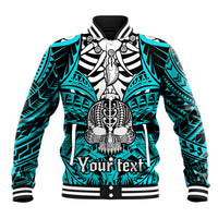 Personalised Polynesia Skull Baseball Jacket With Boars Tusk Aqua Arty Vibe LT9 Unisex Aqua - Polynesian Pride