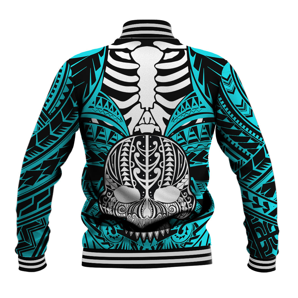 Personalised Polynesia Skull Baseball Jacket With Boars Tusk Aqua Arty Vibe LT9 - Polynesian Pride