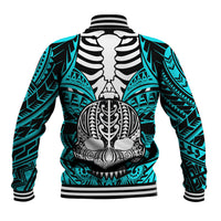 Personalised Polynesia Skull Baseball Jacket With Boars Tusk Aqua Arty Vibe LT9 - Polynesian Pride