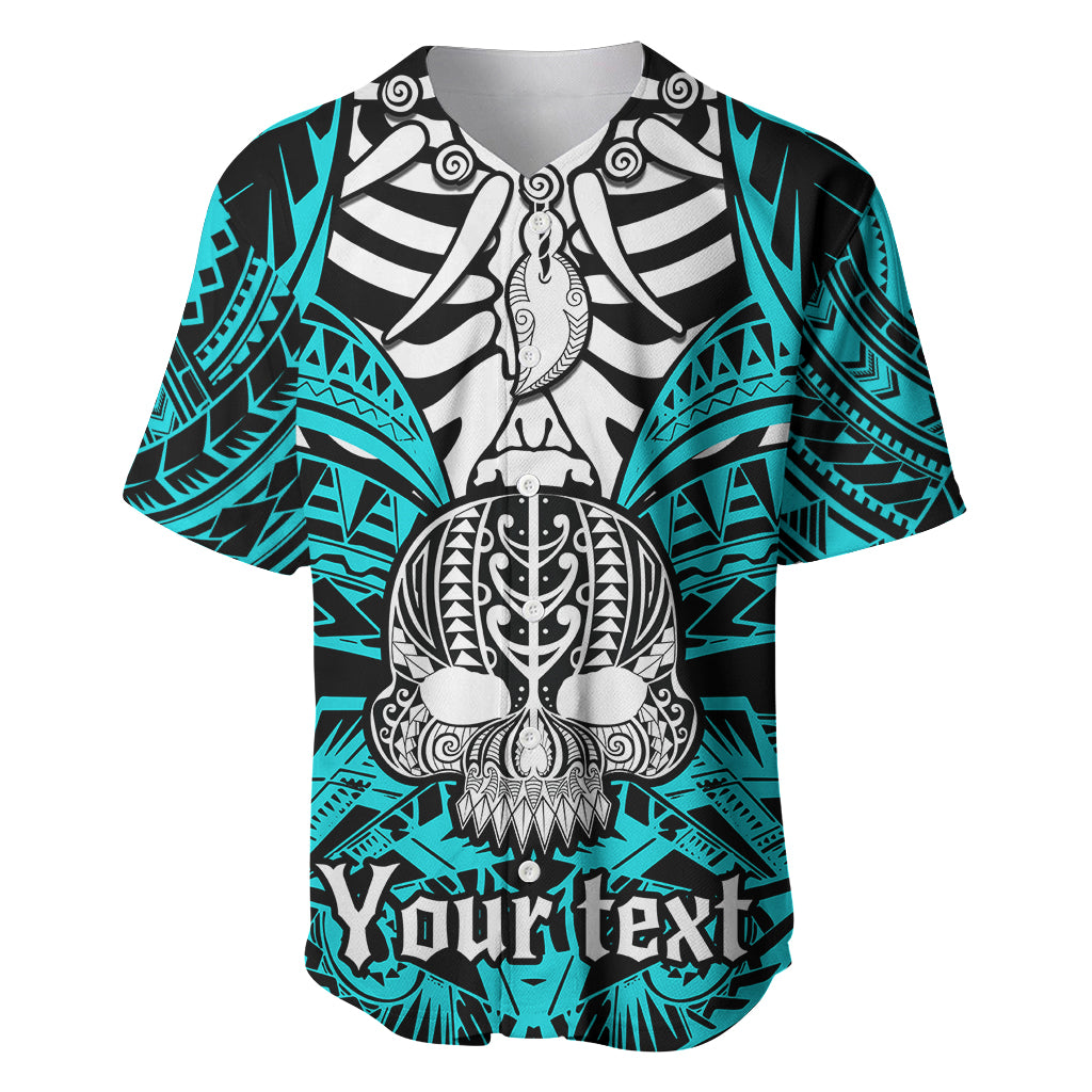 Personalised Polynesia Skull Baseball Jersey With Boars Tusk Aqua Arty Vibe LT9 Aqua - Polynesian Pride